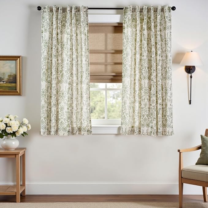 jinchan Linen Floral Curtains for Living Room with Printed Flower 63 Inches Long Light Filtering Farmhouse Window Treatment Vintage Short Drapes Back Tab Rod Pocket 2 Panels Green on Beige
