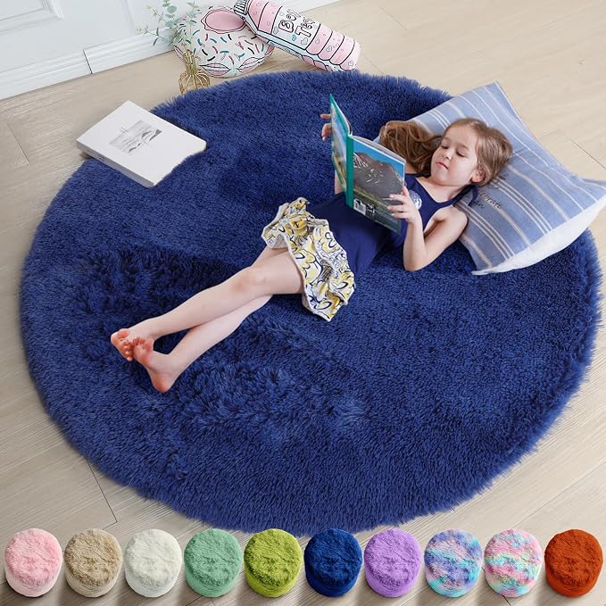 Amdrebio Navy Blue Round Rug 4Ft for Boys Room Bedroom, Circle Area Rugs for Kids Room, Living Room Decor Aesthetic, Fluffy Shag Fur Throw Royal Dark Blue Carpet for Preppy Dorm Playroom Baby Nursery