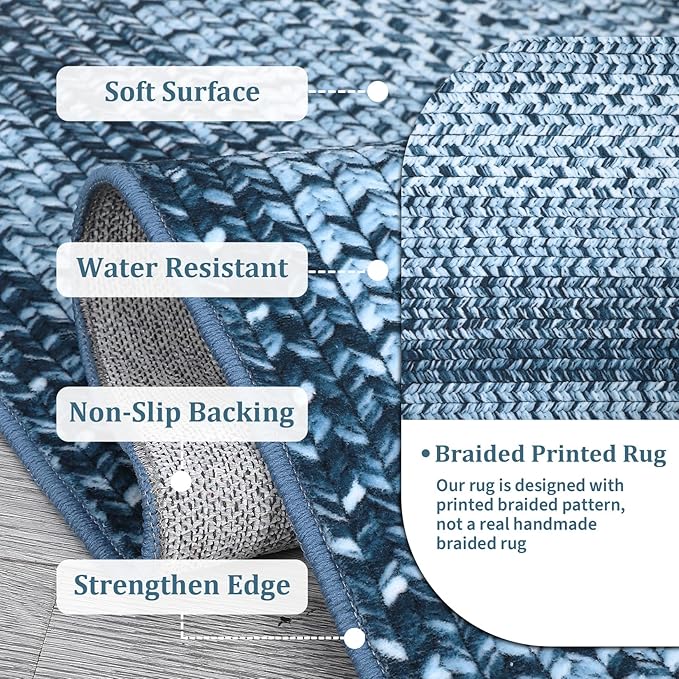 RUGSREAL Boho Rug 4x6 Bedroom Machine Washable Rug Braided Print Floor Cover Indoor Non Slip Dining Room Throw Carpet Farmhouse Rustic Accent Rug for Living Room Home Decor, Blue