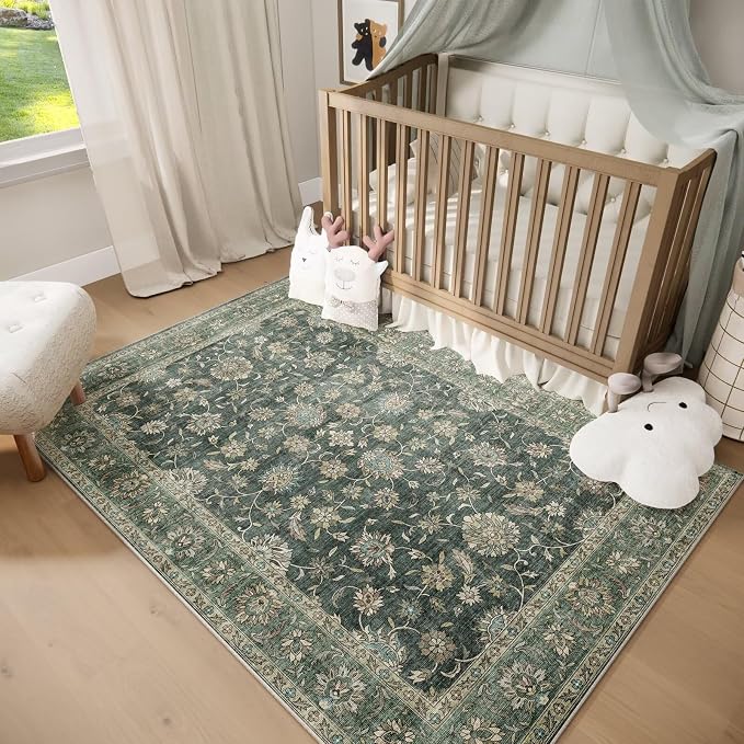 Washable 3x5 Entryway Rug, Boho Vintage Non-Slip Door Mat, Sage Green | 0.3" Neutral Throw Small Rugs for Bedroom Kitchen Nursery Entrance, Cushioned for High-traffic Area