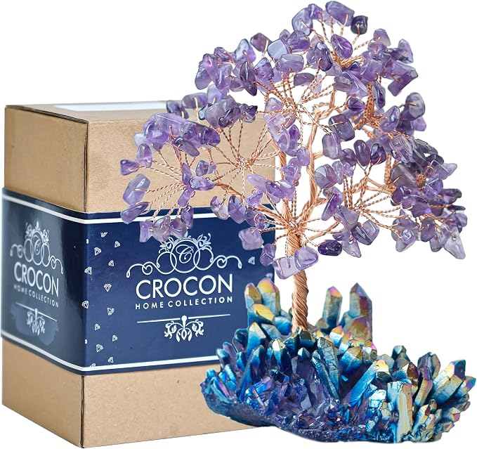 Crocon® Amethyst Crystals Tree with Rainbow Titanium Cluster Base Tree of Life Decor for Shelf, Birthday Gifts for Women, Sister Gifts, Birthday Gifts for Mom, Cute Home Decor, Purple Decor Present