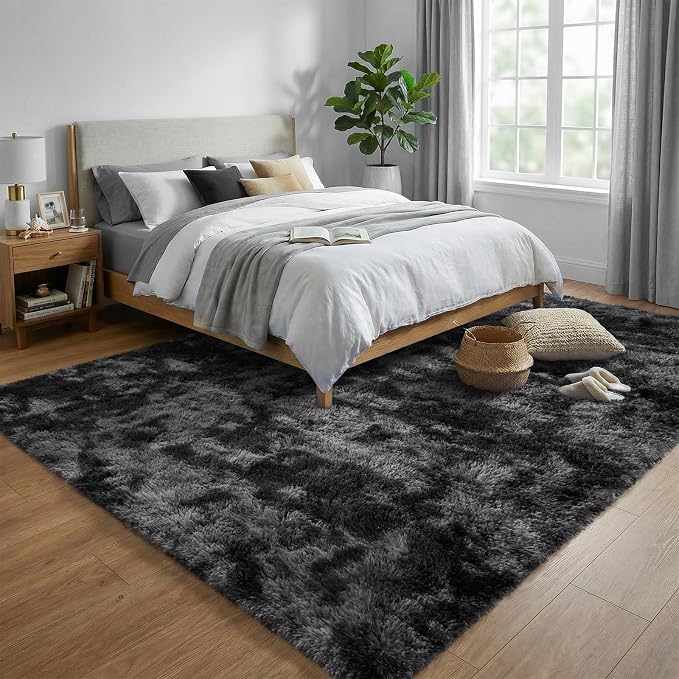 Fluffy 5x7 Area Rugs for Bedroom: Tie-dye Dark Grey Soft Shag Rug for Living Room, Large Fuzzy Plush Indoor Floor Carpet Non Slip Modern Rug for Nursery Boys Girls Kids Room Playroom Dorms Home Decor