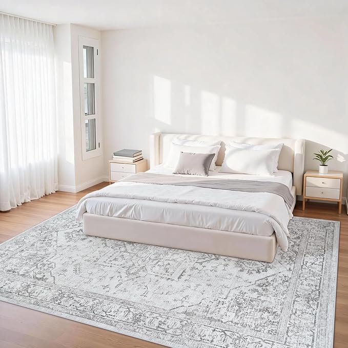 5x7 Area Rugs for Bedroom:Gray Washable Vintage Medallion Rug Non-Slip Soft Low Pile Large Rugs Indoor Retro Carpet for Living Room Kitchen Nursery Dining Table Office (Gray, 5'x7')