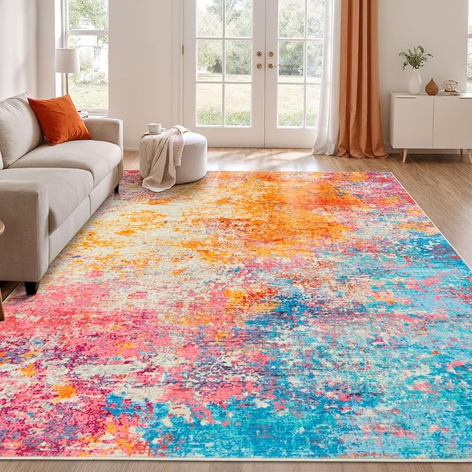 Rugflix 10x12 Area Rugs for Living Room, Washable Colorful Rainbow Rug Stain-Resistant Low Pile, Large Carpet Non-Slip for Kids Girls Room Nursery Bedroom Home Office
