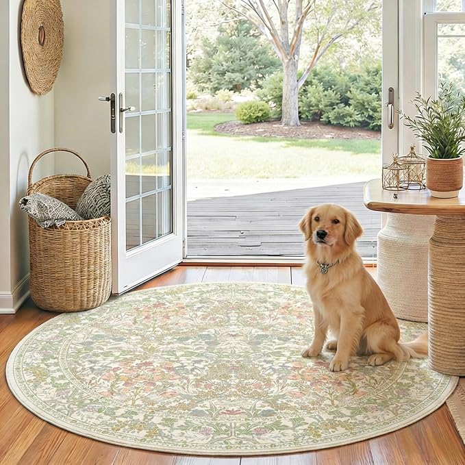 Sage Green 3ft Round Entryway Rug - Small Circle Soft Rugs for Bedroom, Home Office, Nurery, Kitchen, Classic Washable Non Slip & Low Pile Carpet Décor