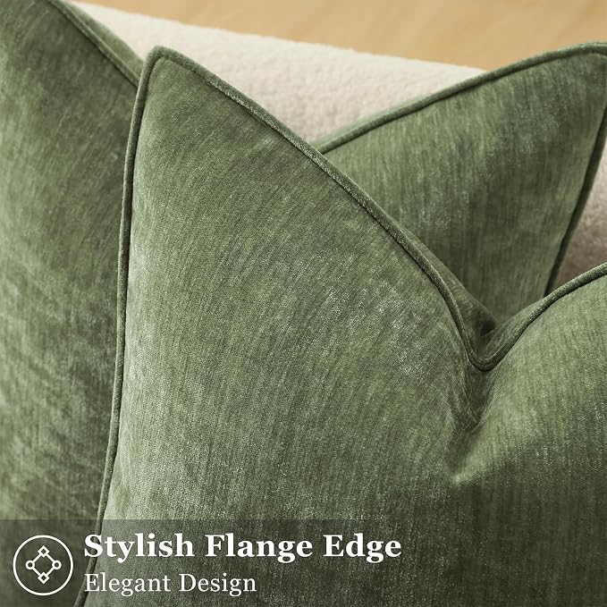 decorUhome Chenille Olive Green Velvet Throw Pillow Covers 20x20 Set of 2 | Fall Soft Couch Decorative Modern Farmhouse Pillow Cases with Elegant Design for Sofa Bed Living Room Home Decor