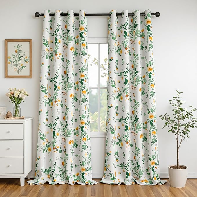 MYSKY HOME Floral Blackout Curtains 90 inch Long 2 Panels Set for Living/Dining Room- Flower Patterned Room Darkening Light Blocking Grommet Window Treatments, 52" W Each Panel, Yellow and Green