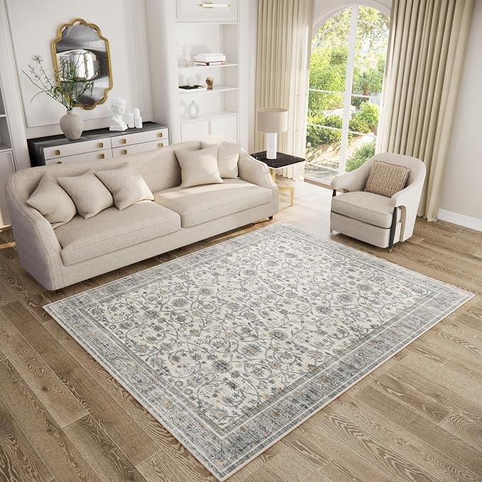 Washable Rugs for Living Room: 5x7 Area Rugs for Bedroom Ultra Soft Non-Slip Stain Resistant Vintage Boho Large Carpet for High-Traffic Dining Room - Farmhouse Decor