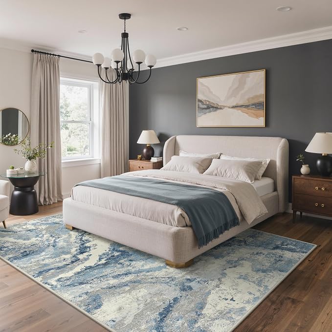 GENIMO Abstract Area Rug 8x10, Washable Large Modern Rug Non Slip, Low Pile Lightweight Soft Carpet for Living Room, Bedroom, Dining Room, Blue Grey