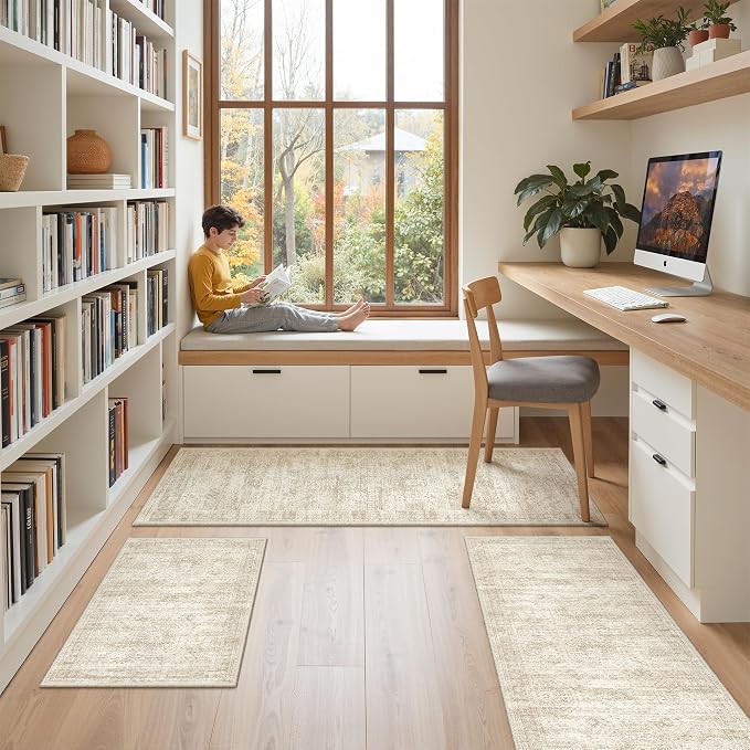 Kitchen Rugs Sets of 3, 2x3 2x4 2x5 Rug Runner,Beige | 3 Piece Washable Rug for Hallway,Entryway,Bedroom,Dining Room,Thin,Soft Runner Rug,Stain Resistant Indoor Carpet,Non Slip