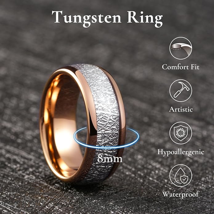 King Will Tungsten Rings for Men Meteorite Carbon Fiber Wood Inlay Mens Wedding Engagement Band Domed Polished
