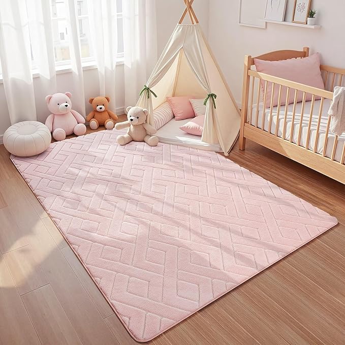 Macgace Ultra Soft Pink Area Rug for Girls Bedroom, 3x5 Modern Geometric Shag Rugs with Nonslip Backing for Living Room, Washable Fuzzy Carpet for Cozy Kids Room