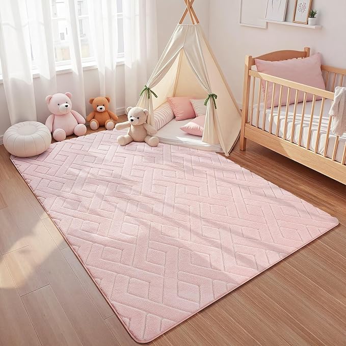 Macgace Ultra Soft Pink Area Rug for Girls Bedroom, 4x6 Modern Geometric Shag Rugs with Nonslip Backing for Living Room, Washable Fuzzy Carpet for Cozy Kids Room