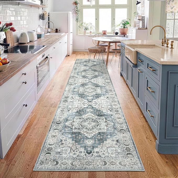 Lessymo Washable Long Runner Rug for Hallway, 2 x 10 Entryway Rugs Boho Faux Wool Low Pile Rug for Kitchen, Floral Medallion Vintage Rugs with Non-Slip Rubber, Blue Grey/Beige