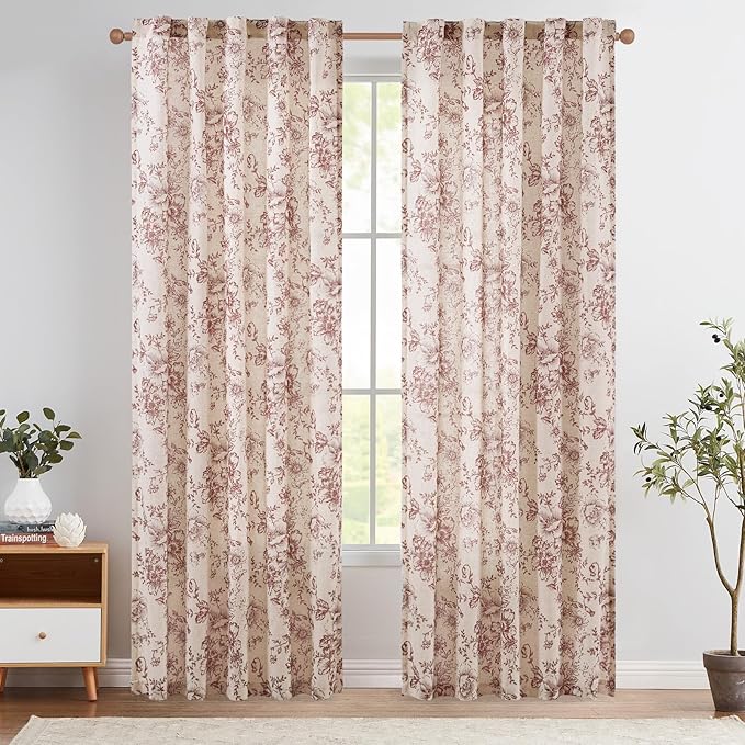 jinchan Red Floral Linen Curtains 84 Inch Vintage Back Tab 2 Panels | Light filtering drapes, semi sheer, farmhouse, cottagecore, rustic, living room, bedroom, rod pocket, window treatment