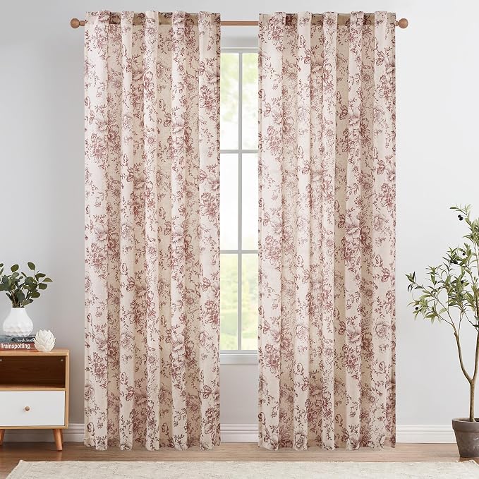 jinchan Red Floral Linen Curtains 90 Inch Vintage Back Tab 2 Panels | Light filtering drapes, semi sheer, farmhouse, cottagecore, rustic, living room, bedroom, rod pocket, window treatment