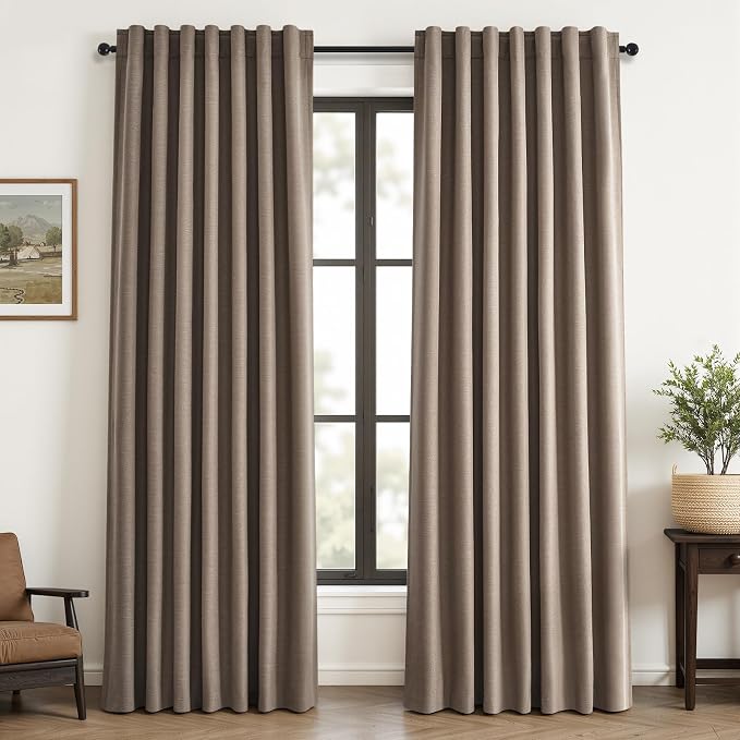 Topfinel 92 inch Long 100% Blackout Drapes 2 Panels Linen Texture Curtains Warm Taupe Window Curtain with Back Tab Rod Pocket Light Blocking Thermal Insulated Panel for Bedroom Living Room Dark Flax