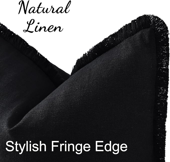 decorUhome Linen Fringe Black Throw Pillow Covers 16x16 Set of 2 | Decorative Soft Accent Modern Boho Farmhouse Cushion Covers with Tassels Cotton Pillow Covers for Couch Bed Sofa