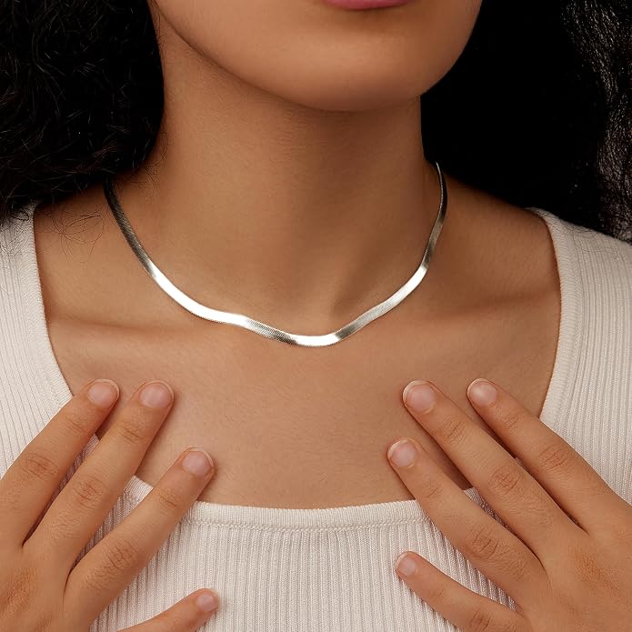 WomenGifts 14K Gold Silver Plated Herringbone Necklace for Women, Dainty Snake Chain Choker, Trendy Simple Long Layered Jewelry Non Tarnish, 3/4/5/8mm,14,16,18,20,22,24,26 Inch Thin & Chunky Options
