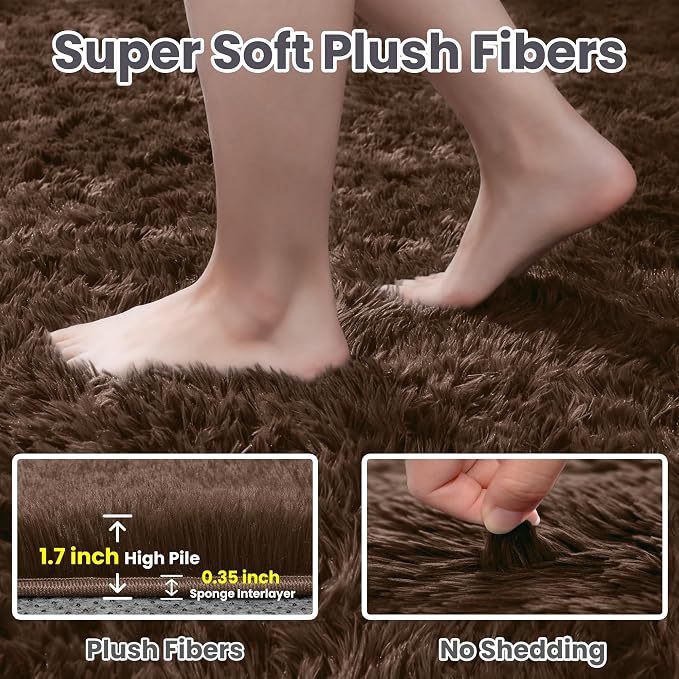 2x6 Bedside Area Rugs for Bedroom: Soft Fluffy Shag Brown Rug for Hallway, Non-Slip Fuzzy Plush Living Room Rug Indoor Floor Carpet for Kids Rooms, Dorm, Nursery, Modern Home Aesthetic Decor