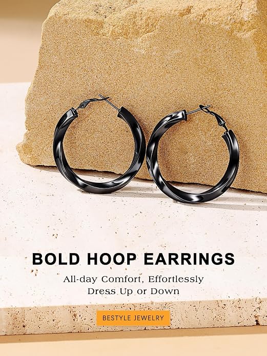Bestyle 5mm Thick Gold Hoop Earrings Hypoallergenic Hoops for Sensitive Ears Trendy Lightweight Chunky Earrings for Women 30/40/60/80mm