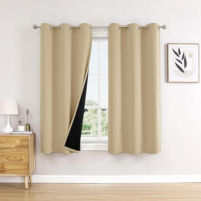 ChrisDowa 100% Blackout Curtains for Bedroom 63 Inches Long 2 Panels Set | 2 Thick Layers, Thermal Insulated, Light Blocking, Grommet, Window Treatment, Living Room Drapes, Beige, 38 x 63 Inch