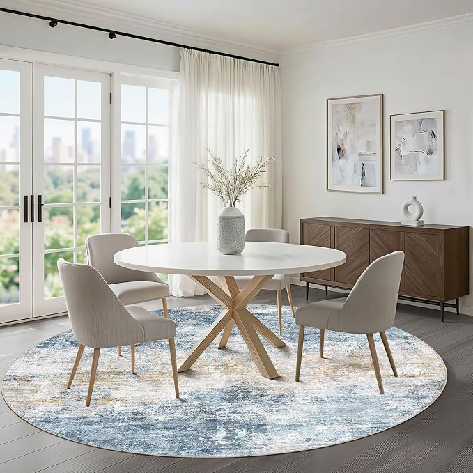 10ft Round Rug Living Room: 10x10 Washable Large Neutral Circle Area Rug Abstract Soft Modern Stain Resistant Indoor Floor Non-Slip Carpet for Bedroom Nursery Kids Office Playroom Dining Room
