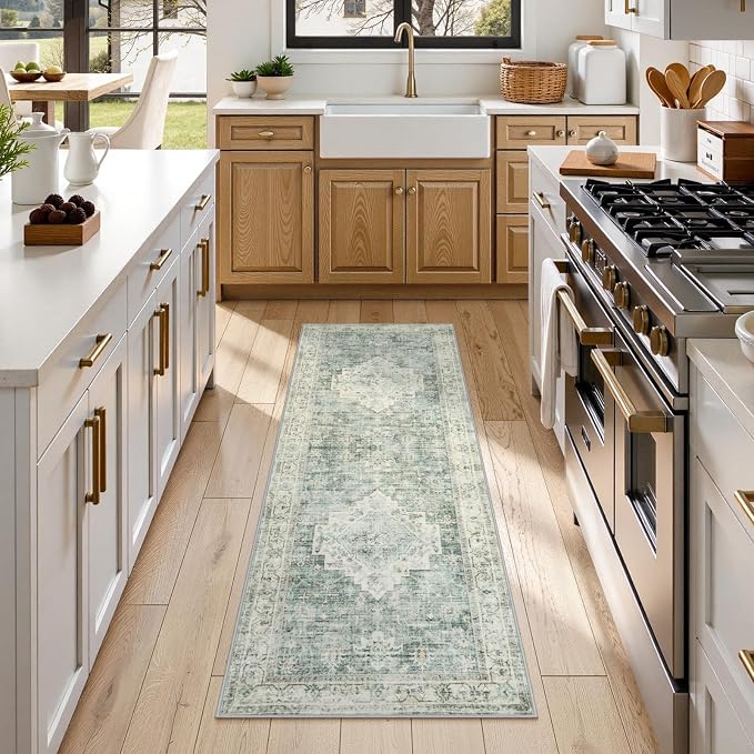 LIVEBOX Washable Rug 2x4 Kitchen Mats for Floor Entryway, Non Slip Front Door Mat for Bathroom Hallway, Boho Low-Pile Small Carpet Farmhouse Indoor Runner Rugs for Bath, Sage Green