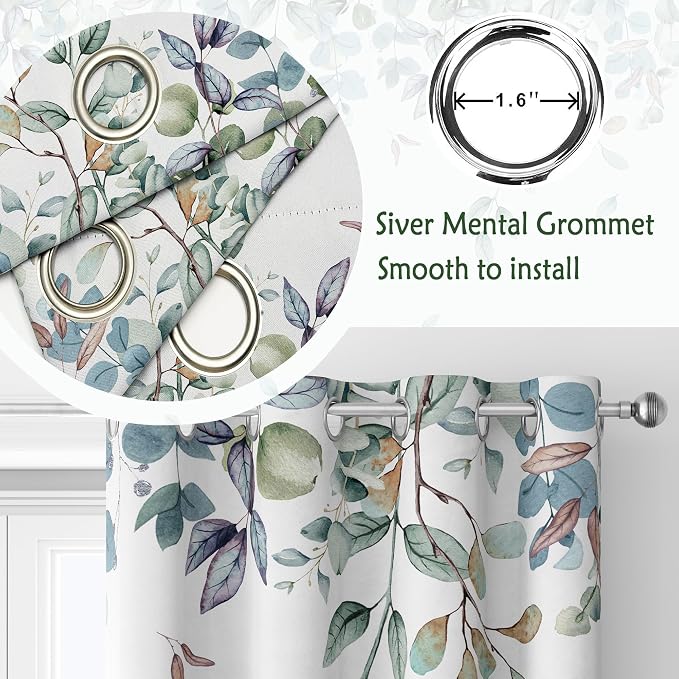 Blue Pumpkin Window Curtains 52 x 63 in, Fall Farmhouse Drapes with White Pumpkin Eucalyptus Leaf Print, Watercolor Autumn Curtains for Bedroom Living Room