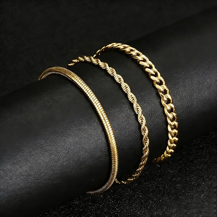 Gold Bracelets for Men Trendy - Dainty Gold Plated Stainless Steel Snake Link Bracelet Stack Rope Figaro Herringbone Chain Bracelets Set Adjustable Cuban Link Bracelet for Men Birthday Gifts for Man