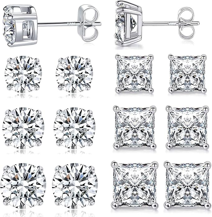MDFUN 6 Pairs Stud Earrings Set 3mm/5mm/7mm Princess & Round Cubic Zirconia Earrings Hypoallergenic 316L Surgical Stainless Steel CZ Earrings for Women Men