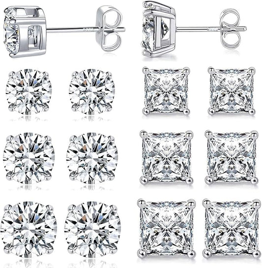 MDFUN 6 Pairs Stud Earrings Set 3mm/5mm/7mm Princess & Round Cubic Zirconia Earrings Hypoallergenic 316L Surgical Stainless Steel CZ Earrings for Women Men