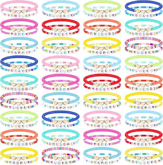 Landical 72 Pcs Friendship Bracelets Bulk for Woman Adjustable Colorful Beaded Bracelets Colorful Letter Beads Bracelets Friends Surfer Beaded Bracelets for Women(Elastic Bead Style)