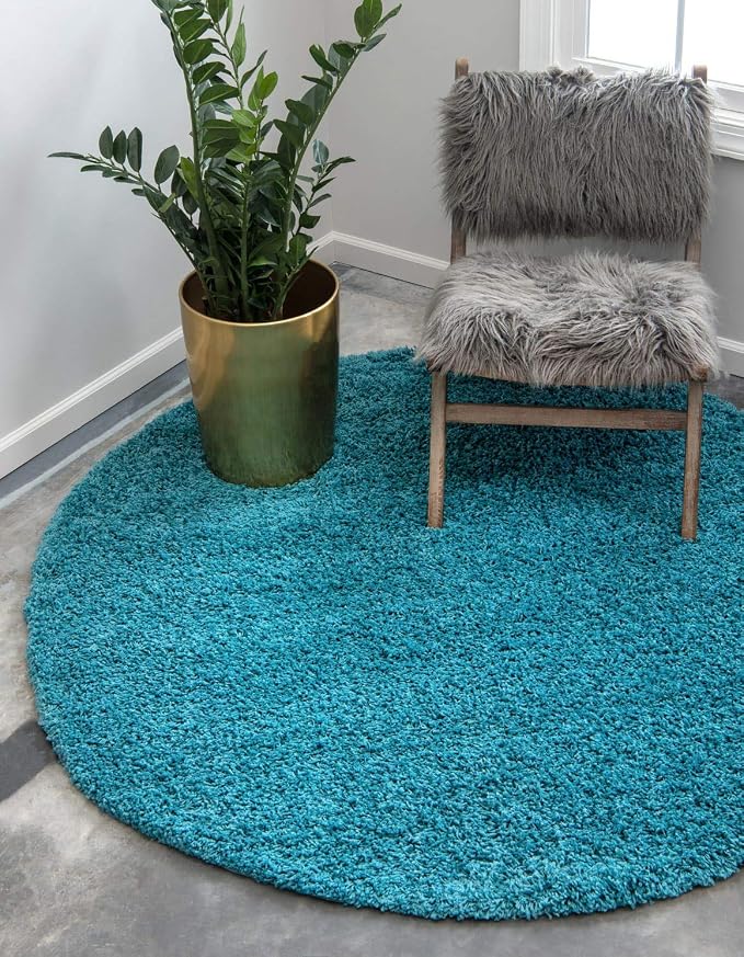 Unique Loom Solid Shag Collection Area Rug (6' 1" Round, Deep Aqua Blue) | Modern solid area rug for dining room, entryway & bedroom. Stain-resistant, easy-care, kid & pet friendly