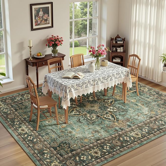 5x7 Green Brown Area Rugs for Living Room - Vintage Boho Medallion Aesthetic Distressed Washable Rug, Soft Non-Slip Backing Low Pile Carpet for Office, Lounge, Bedroom Foot of Bed