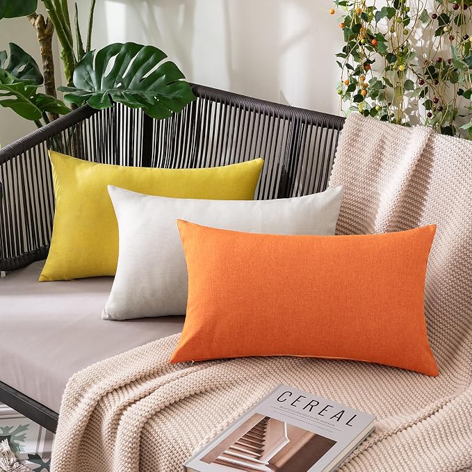 MIULEE Pack of 2 Decorative Outdoor Solid Waterproof Throw Pillow Covers Faux Linen Garden Farmhouse Cushion Cases for Summer Patio Tent Balcony Couch Sofa 20x12 Inch Bright Orange