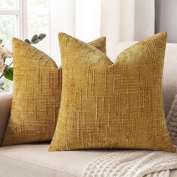 decorUhome Textured Chenille Throw Pillow Covers 26x26 Set of 2 Yellow | Fall Modern Farmhouse Soft Cozy Slubby Couch Pillow Cases Boho Decorative Pillow Cases for Bed Sofa Living Room Home Decor