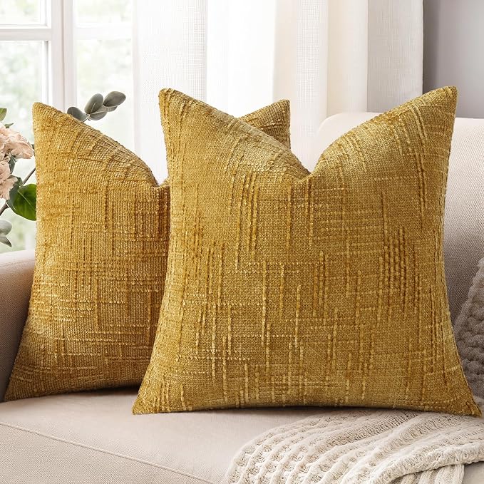 decorUhome Textured Chenille Throw Pillow Covers 18x18 Set of 2 Yellow | Fall Modern Farmhouse Soft Cozy Slubby Couch Pillow Cases Boho Decorative Pillow Cases for Bed Sofa Living Room Home Decor