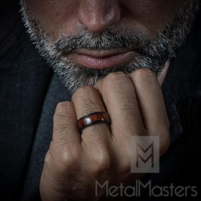 Metal Masters Men's Women's Tungsten Carbide Wedding Band Engagement Ring, Real Brown Or Blue Wood Inlay, Comfort Fit 8mm