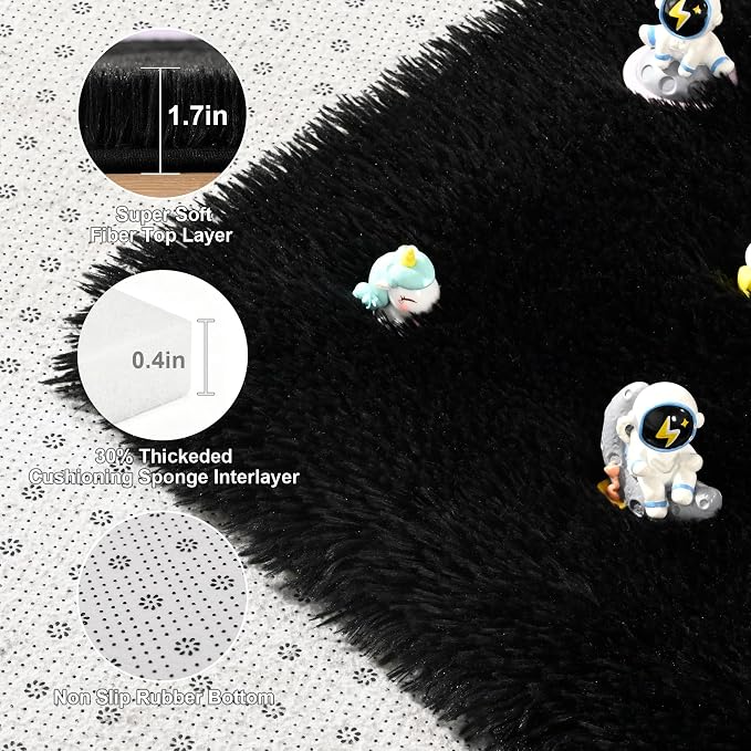 Fluffy Rugs for Living Room: Black Soft Shag Rug for Bedroom, Large Fuzzy Plush Indoor Carpet Non Slip Modern Rug for Nursery Kids Room Dorms Office Home Decor, 9x11 Feet
