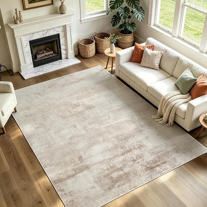 Washable Rugs 8x10 Area Rugs for Living Room - Modern Abstract Rugs for Bedroom,Dining Room,Large Soft Low Pile Carpet with Non Slip Rubber Backing,Neutral Accent Nursery Rug- Yello Brown