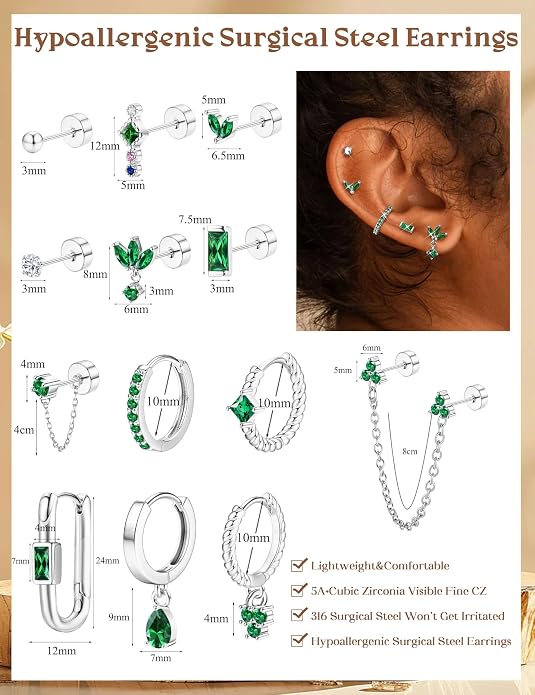 ORAZIO 20G Helix Piercing Jewelry Flat Back Cartilage Earrings for Women Surgical Stainless Steel Hypoallergenic Hoop Stud Earrings Set Tragus Helix Piercing Jewelry for Sensitive Ears Single Pc