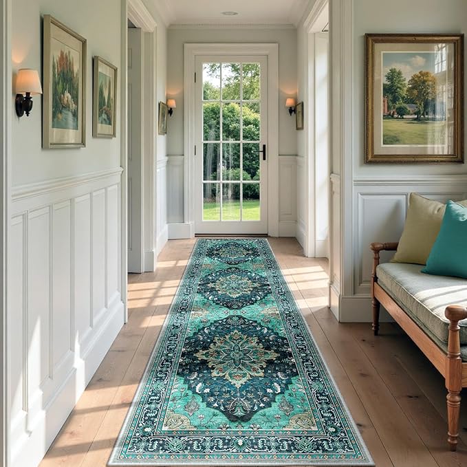 RELEANY Area Rugs Runner 2'x7' Washable Non-Slip, Floral Vintage Distress Medallion Carpet for Kitchen Hallway Bedroom Beside Laundry Room Bathroom, Teal Green Lake Blue Turquoise