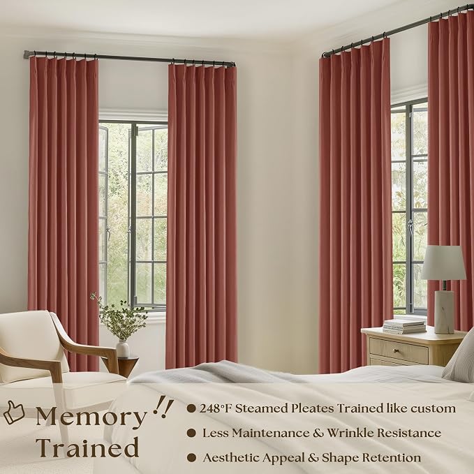Firebrick 63 Inch Blackout Pleated Linen Curtains with Liner 2 Panels 40x63 | Memory Trained, 100% Black Out, Thermal Insulated, UV Blocking, Noise Reducing, Pinch Pleat Curtains for Small Window Bedroom