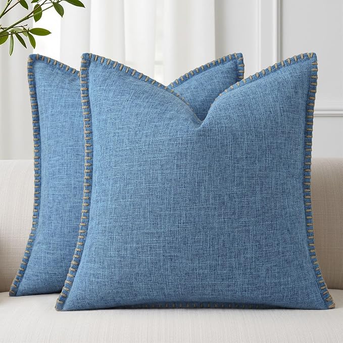 decorUhome Blue Faux Linen Outdoor Throw Pillow Covers 24x24 Set of 2 | Fall Decorative Textured Neutral Modern Farmhouse Pillow Covers with Stitched Edge for Couch Sofa Bed Living Room
