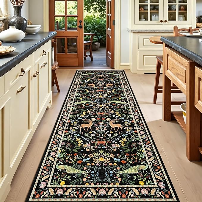 2x6 Black Bathroom Rugs - Washable Floral Runners for Kitchen Floor, Hallway, Low Pile & Soft Non Slip Bedroom Carpet with Rubber Backing, Dark Botanical & Animal Decor