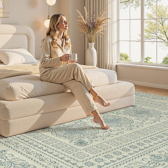 Nakagishi 6x8 Area Rugs Living Room: Washable Large Vintage Rug Neutral Non-Slip Soft Stain Resistant Indoor Carpet for Bedroom Nursery Dining Room Office Playroom - Forest Green