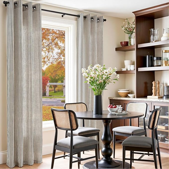 jinchan Linen Curtains 108 inch Black Stripe on Beige Grommet 2 Panels | Curtains for Living Room Bedroom,Ticking Stripe Pattern,Pinstripe Farmhouse Rustic,Window Treatment,Light Filtering