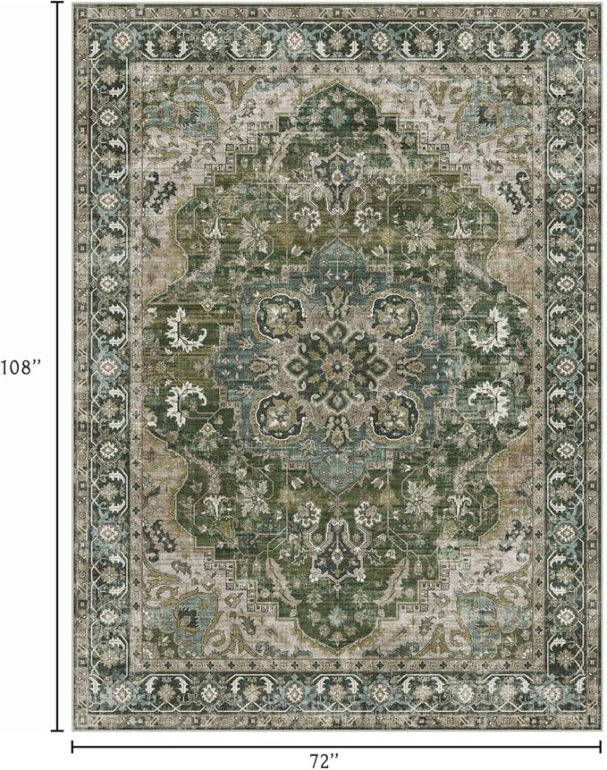 LUXRUG 6x9 Area Rug for Living Room - Large Oriental Washable Rugs for Bedroom Non-Slip Moss Green Boho Medallion Dining Room Rug Farmhouse Low-Pile Carpet Soft Vinatge Rug for Office Guest Room