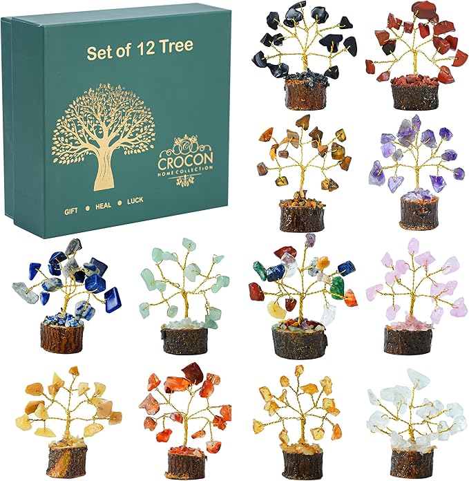 Crocon® Set of 12 Crystals Mini Stone Tree of Life Birthday Gifts for Women, Home & Office Decor, Money Tree Healing Crystals Gift Set Mom & Father Gift Ideas Housewarming Gifts New Home Sister & Dad